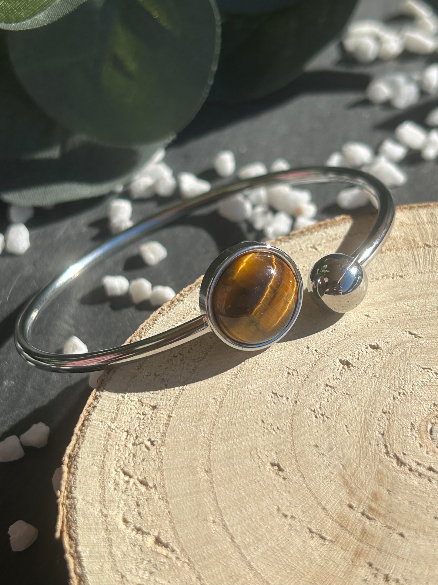 Lunae – Bracelet jonc Œil de Tigre | Pierre naturelle force & clarté | Bijou acier inoxydable fait main